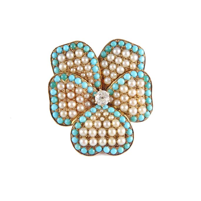 Pearl, turquoise and diamond pansy brooch-pendant | MasterArt